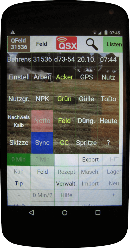 Smartphone mit QFeld-Startseite